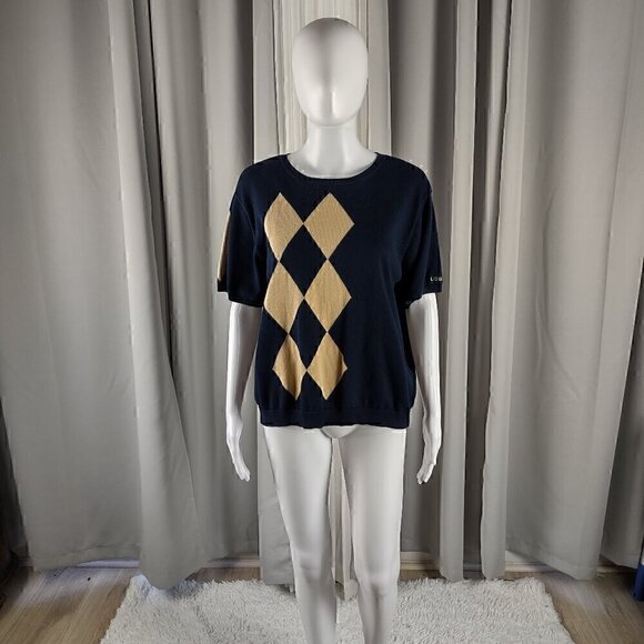Liz Claiborne Sweaters - Liz Claiborne Liz Golf Womens Tan And Blue Argyle Short Sleeve Sweater Size XL